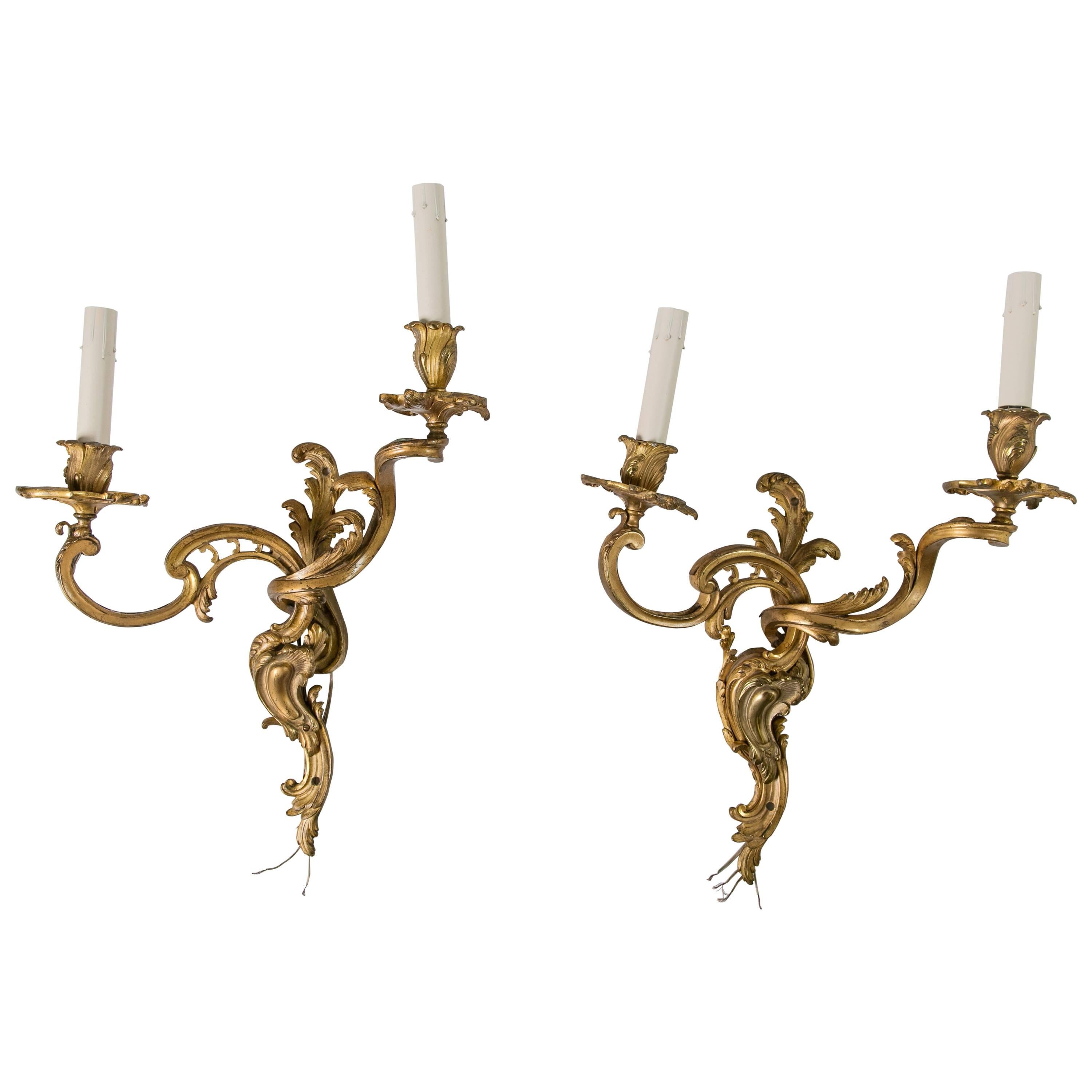 19th Century Gilded Bronze Rocco-Style French Sconces