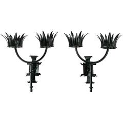 Antique Victorian Gothic Black Metal Sconces, Pair