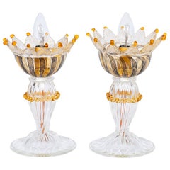 Italian Venetian, Pair Table Lamps, Blown Murano Glass, Amber, Filigrana, 1970s