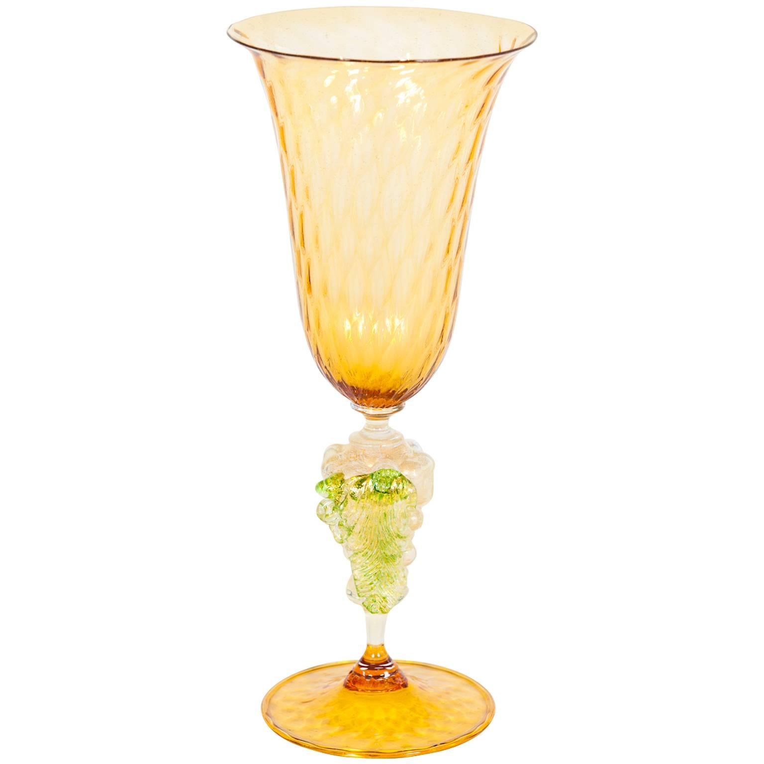 Italian Venetian Goblet in Murano Glass Orange and Gold with a Grape 