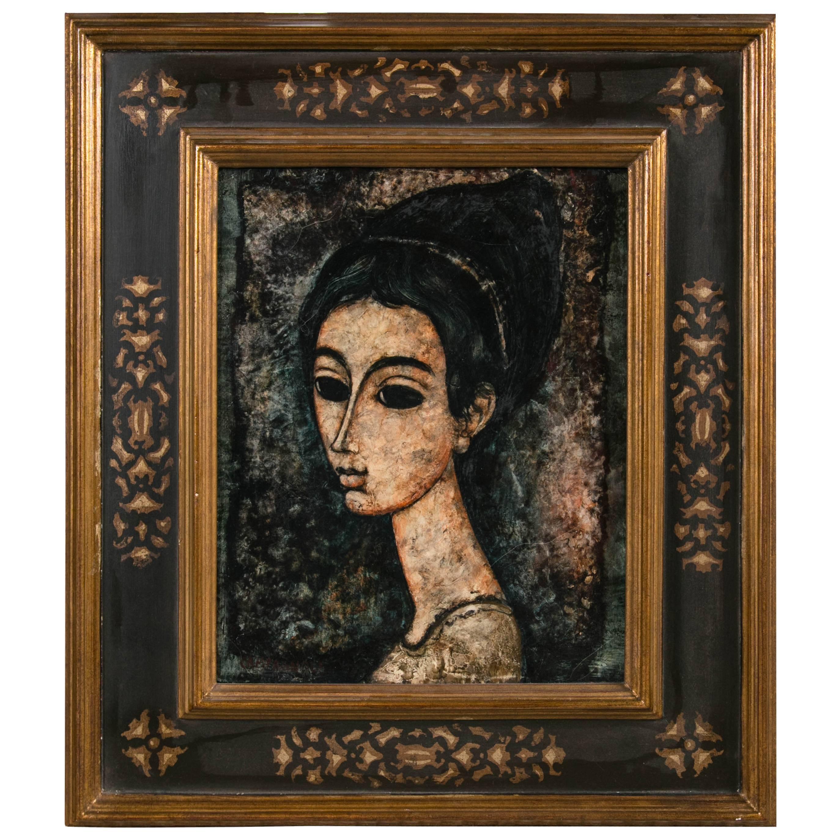 Mid-Century Modernist Female Portrait Painting For Sale