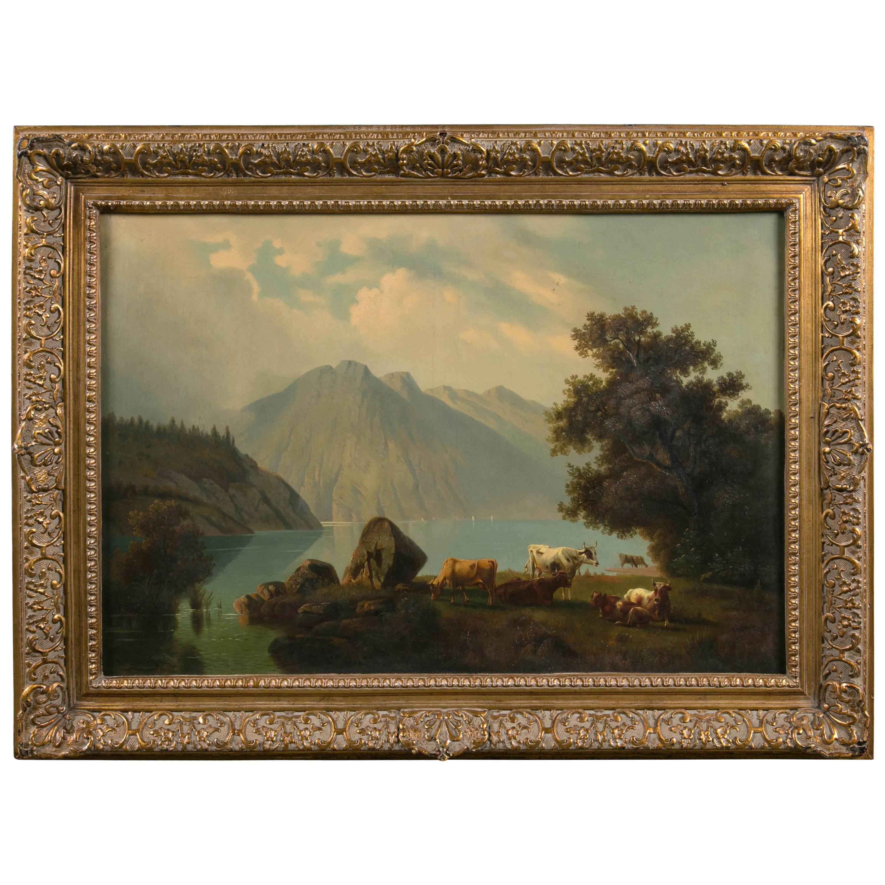 Large Antique Painting of Cows in Pasture For Sale