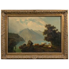 Large Antique Painting of Cows in Pasture