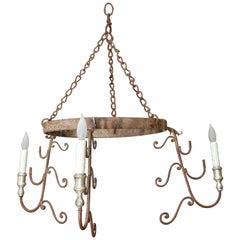 Italian Single Tier Iron Chandelier with Three Lights, Silver Leaf Bobeches