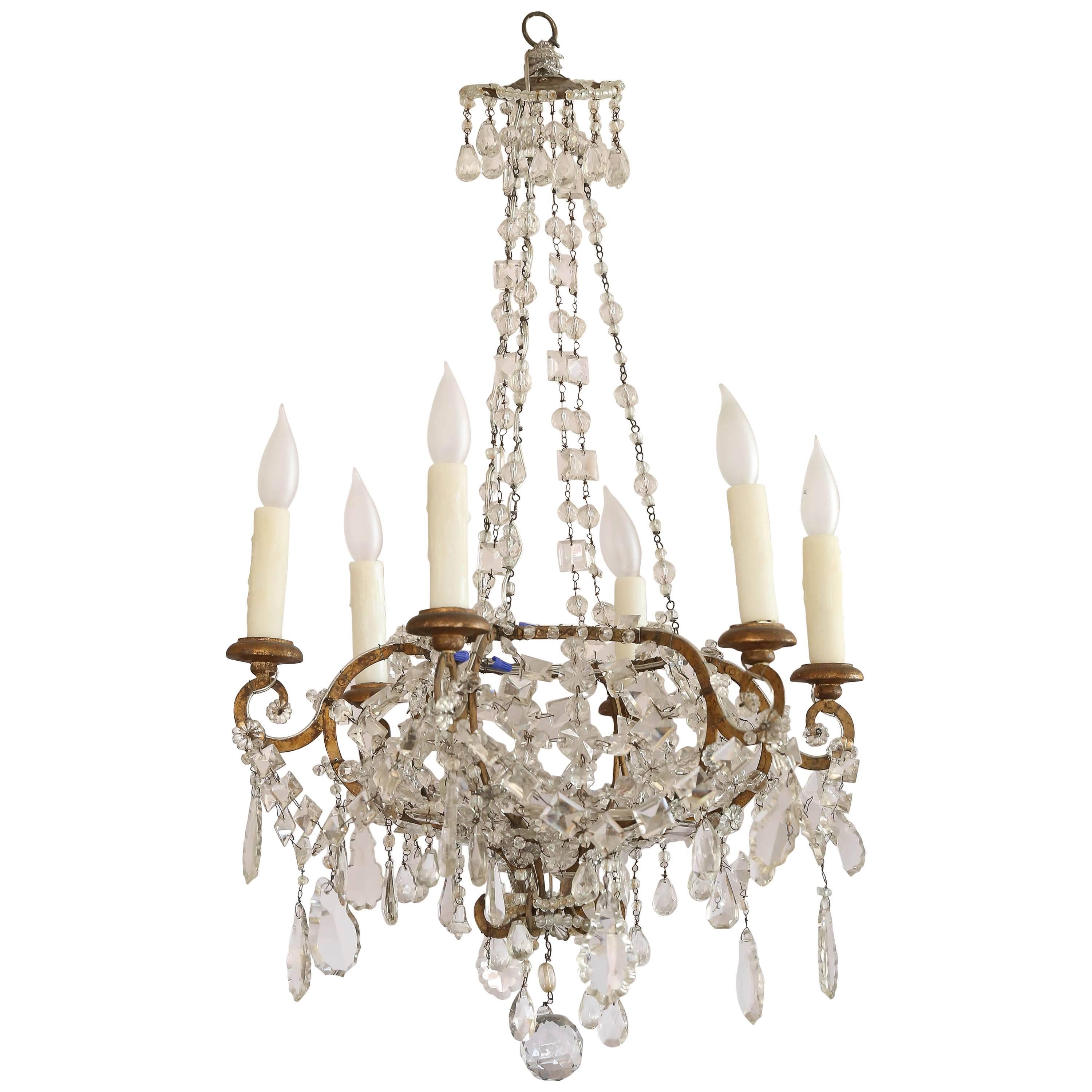 Italian Early 1900s Crystal Chandelier with Wood Gilt Candle Light Holders For Sale