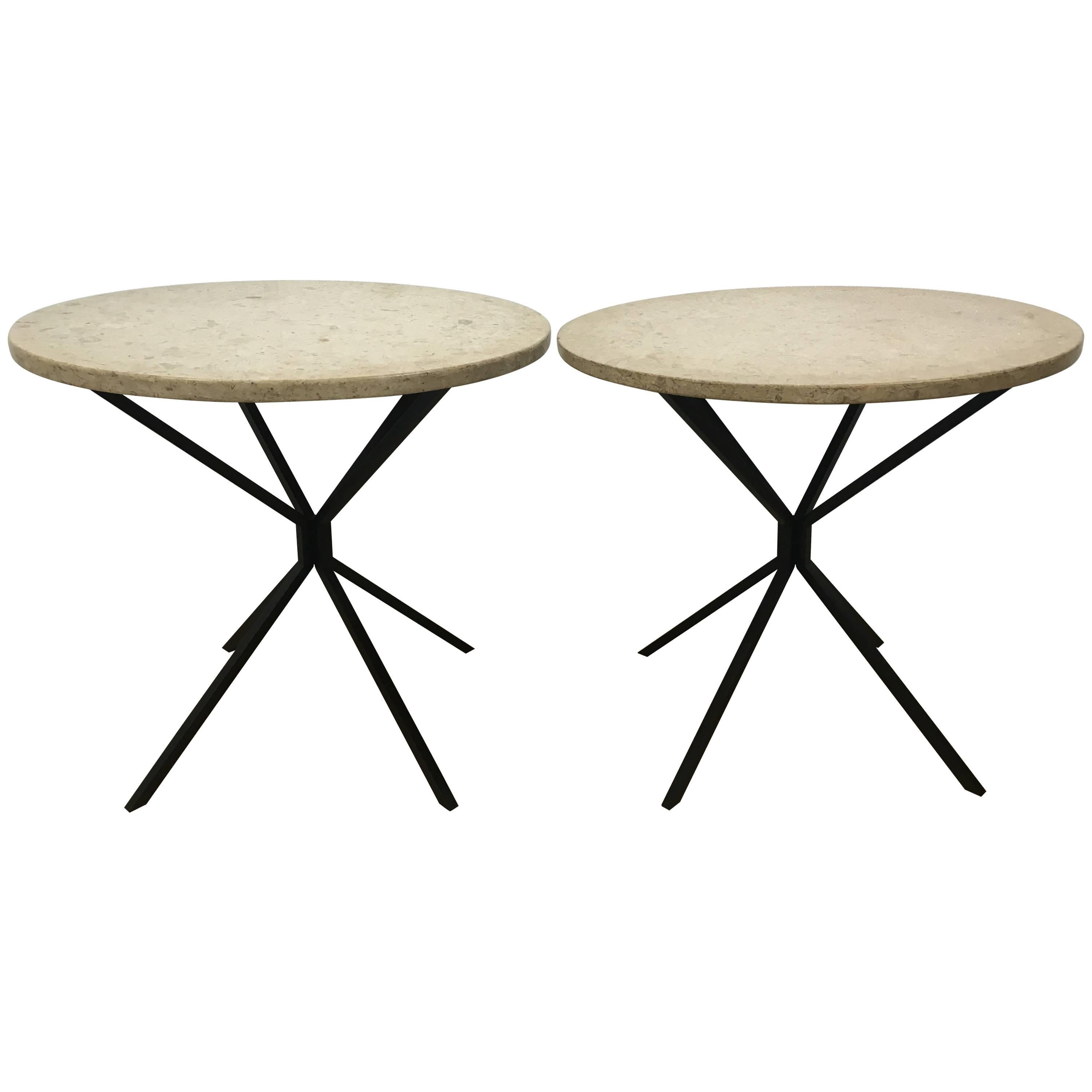 Pair of Italian Modern Travertine Top Side Tables