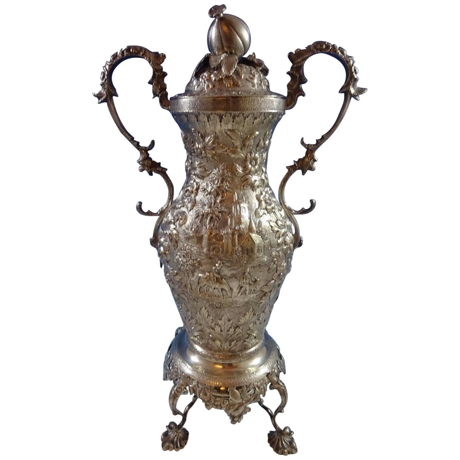 Repousse by Kirk Sterling Silver Hot Water Urn Architectural Scene