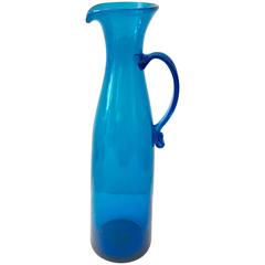 Blenko Glass Tall Blue Spouted and Applied Handle Pitcher