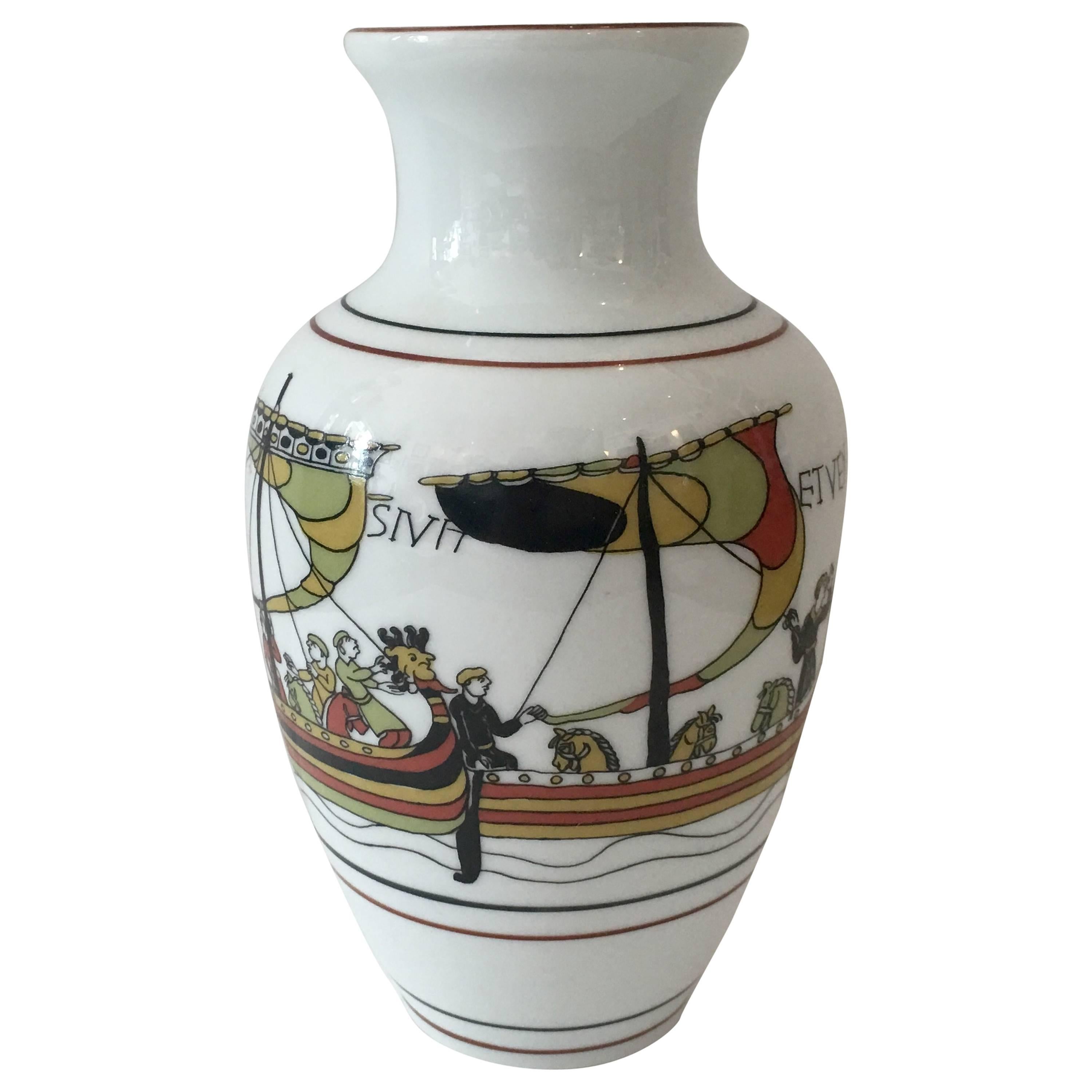 French Limoges Viking Motif Porcelain Vase by Bayeux