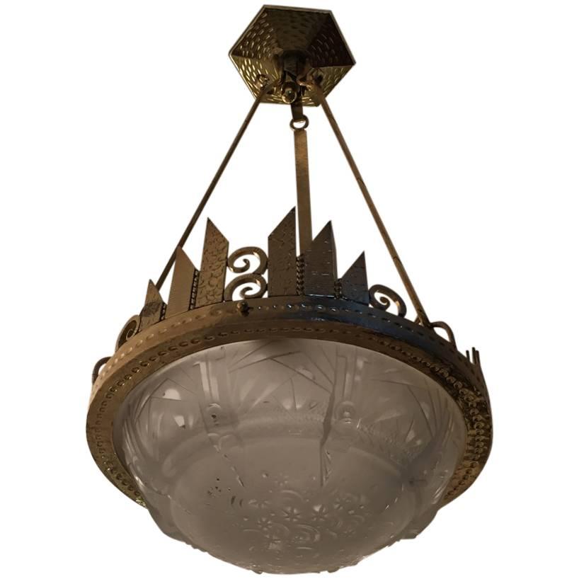 French Art Deco Chandelier Signed by Muller Frères and Denard For Sale