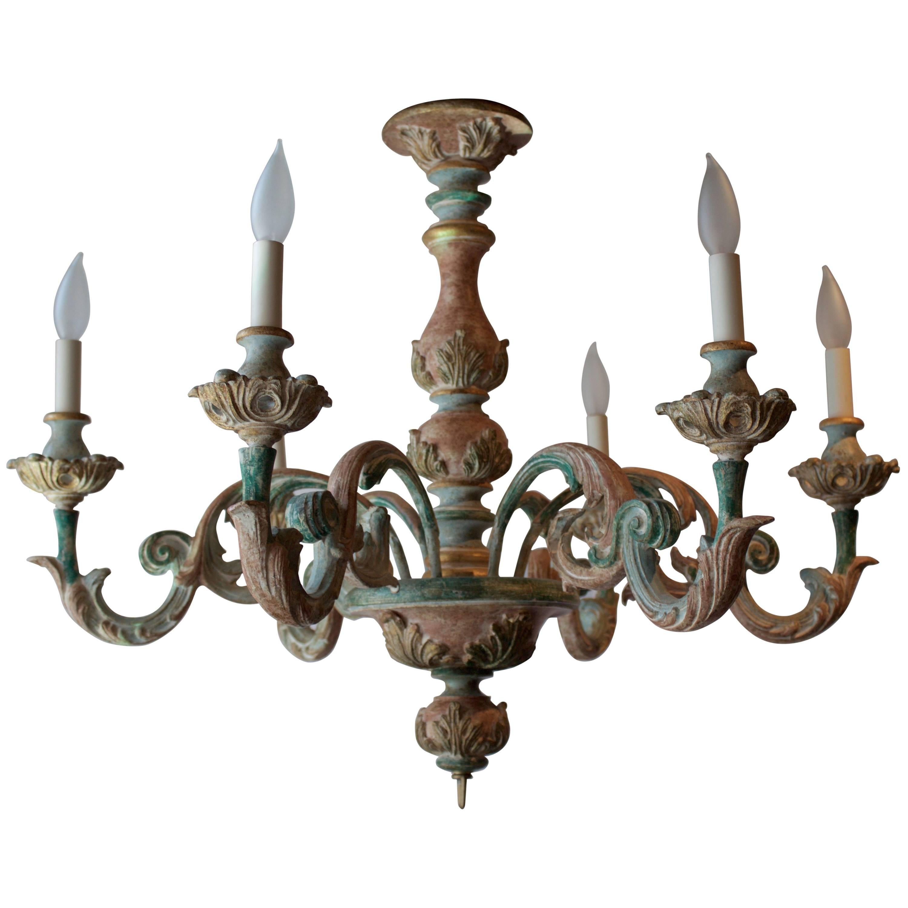 Italian Carved Wooden Chandelier For Sale