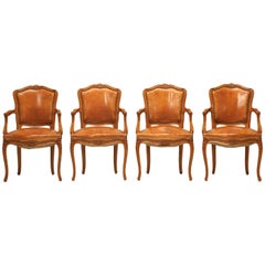 Louis XV Style Armchairs in Original Leather, Set of Four