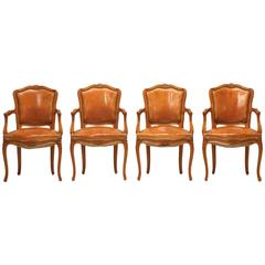 Louis XV Style Armchairs in Original Leather, Set of Four 2