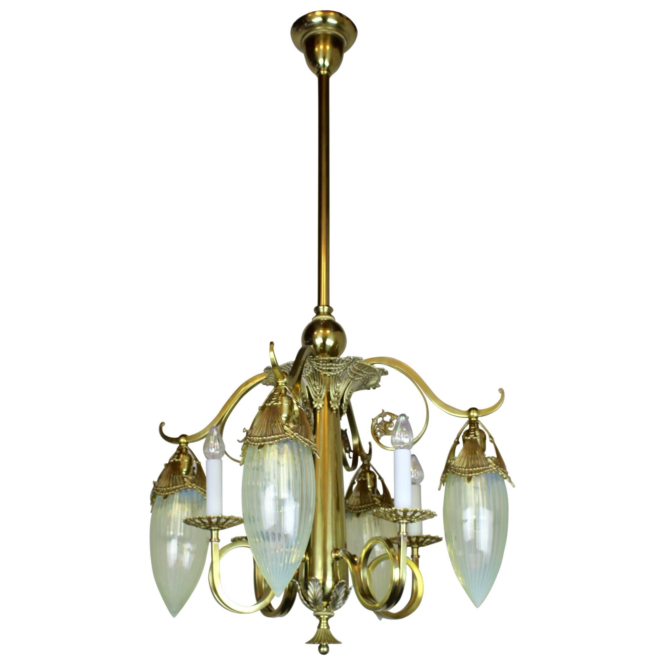 Victorian Gas Electric Chandelier with Striped Opalescent Art Glass Shades For Sale