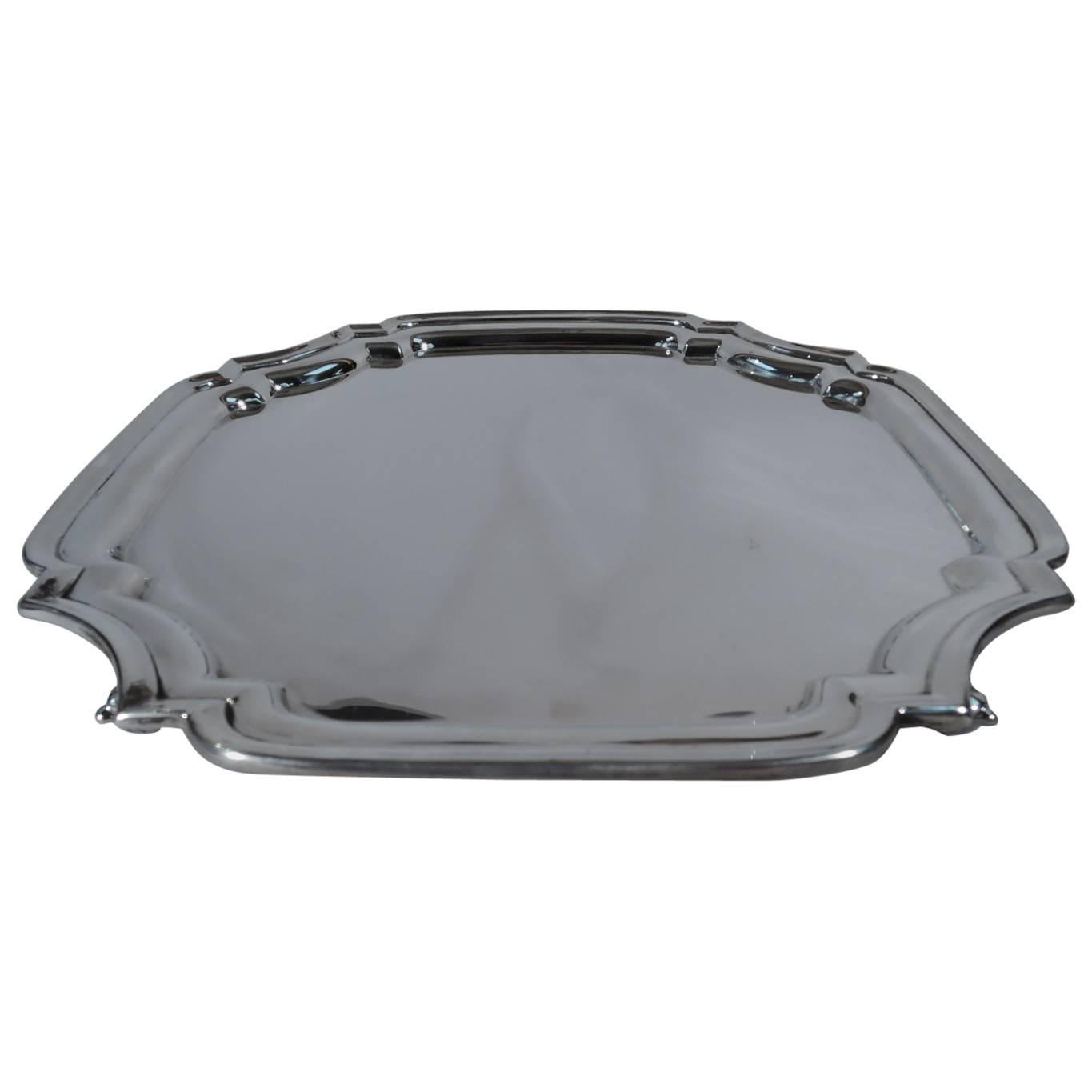 Traditional English Sterling Silver Square Cartouche Salver Tray