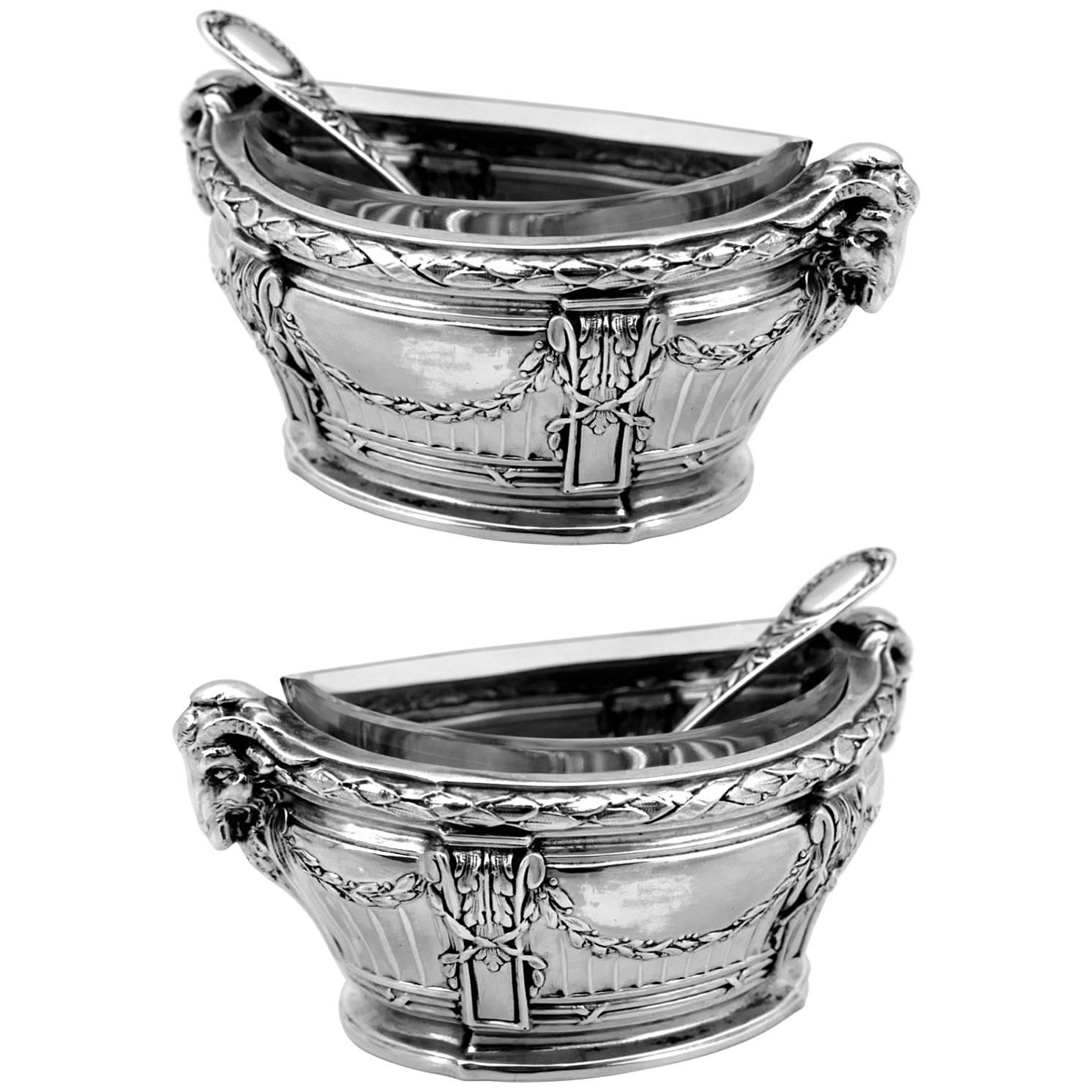Puiforcat Masterpiece French Sterling Silver Salt Cellars Pair Spoons Ram's Head