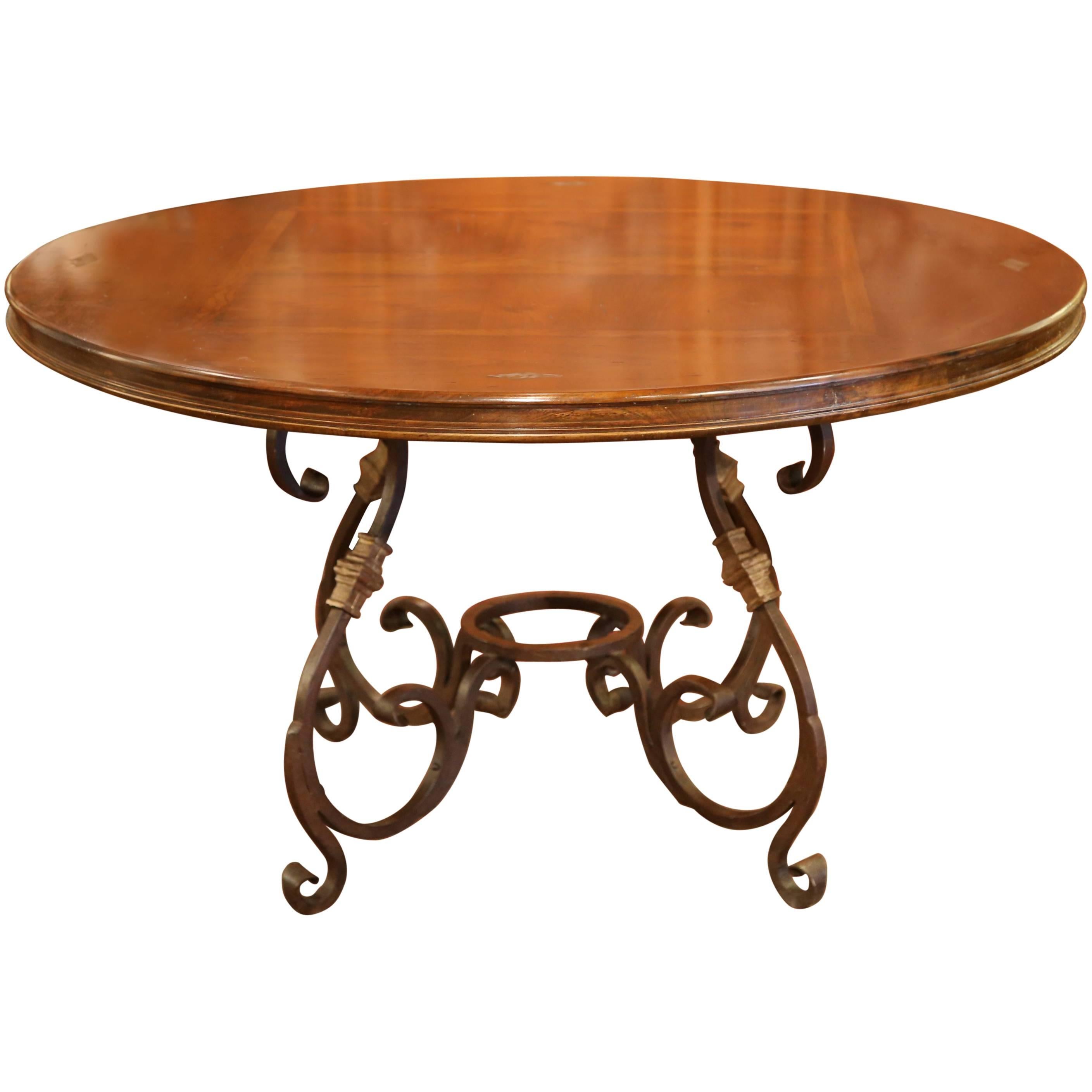 French Round Table with Heavy Wrought Iron Base and Walnut Parquet Top