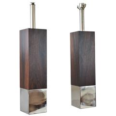 Pair of Rosewood and Brass Column Lamps