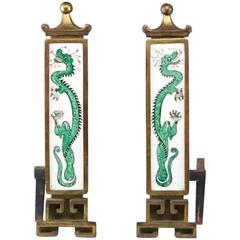 Art Deco Hand-Painted Dragon Andirons