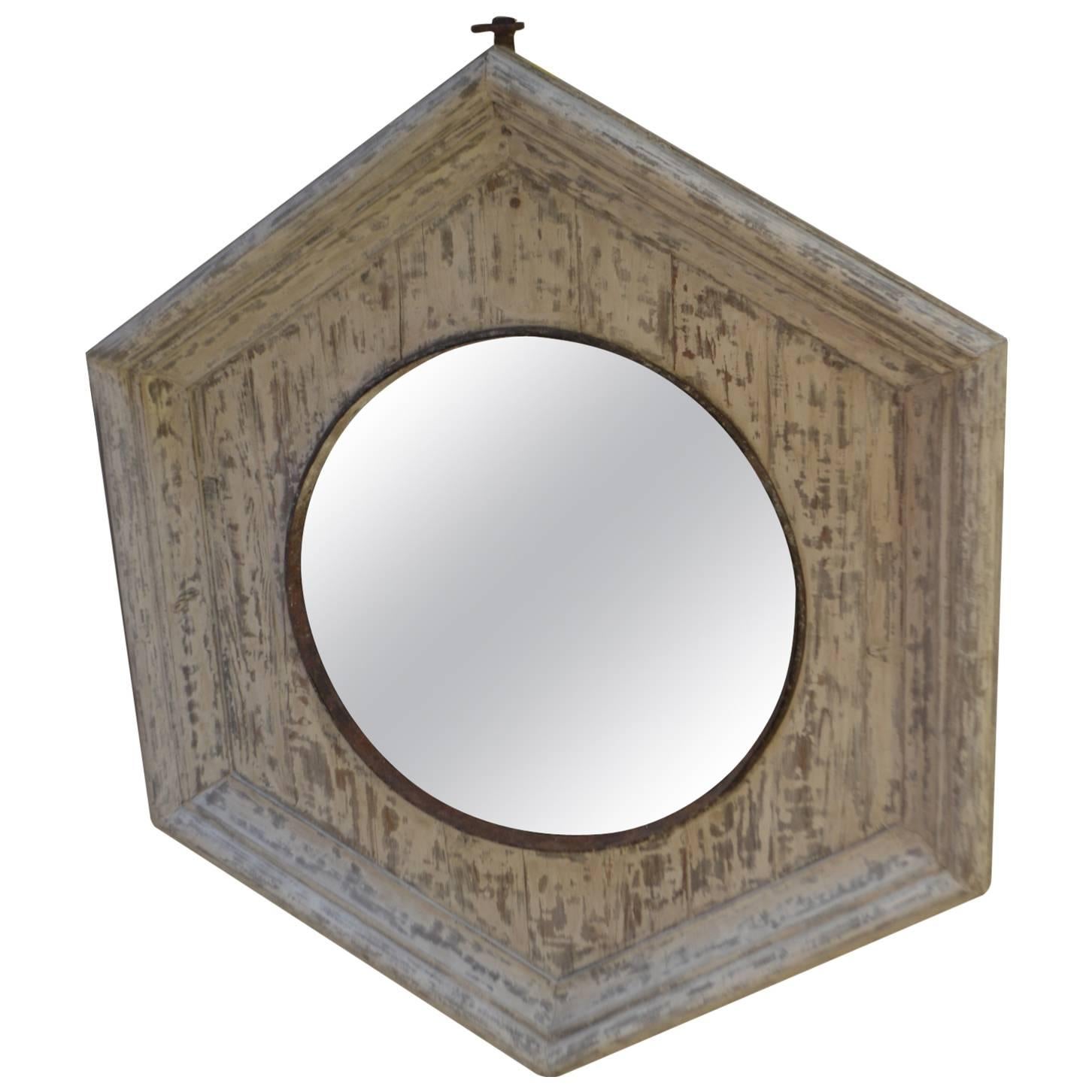 19th Century Pentagonal Signal Mirror in Weathered Antique Frame For Sale