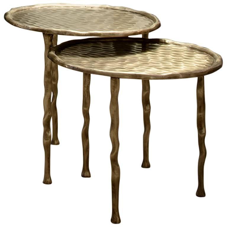 Set of Two French Modern Cast Brass Side Tables For Sale