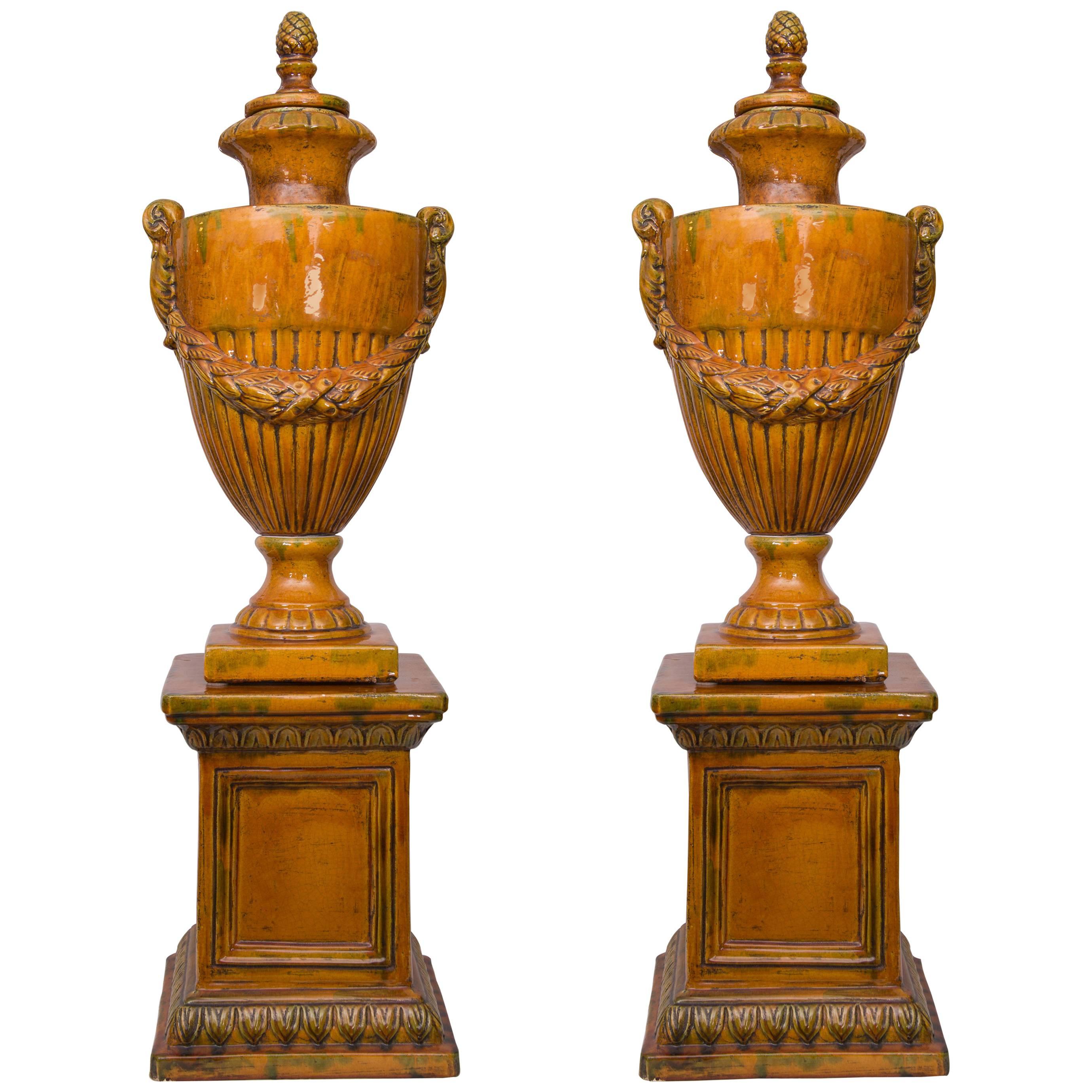 Pair of Italian Glazed Terra Cotta Lidded Urns, Late 20th Century