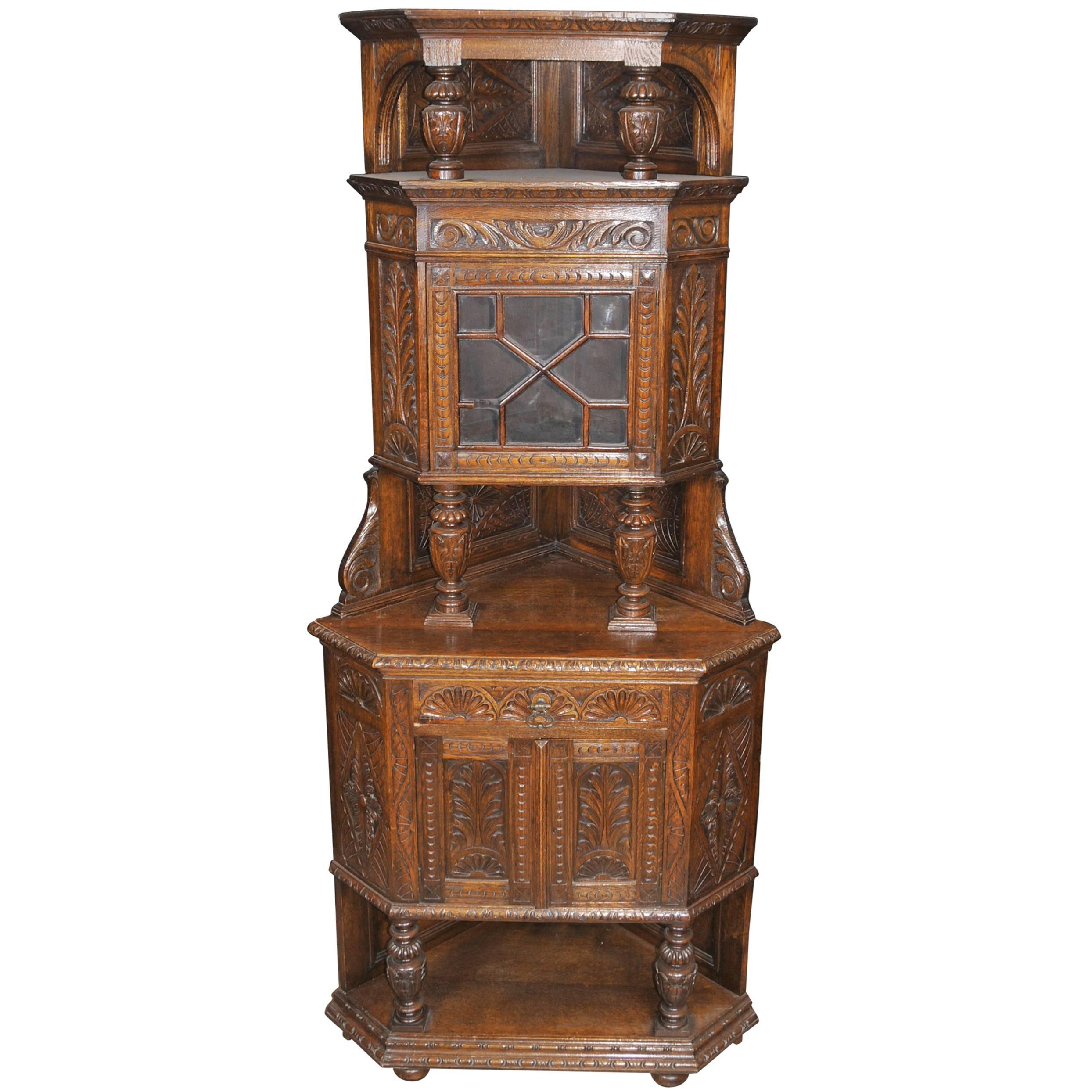 English Antique Carved Oak Jacobean Corner Cabinet, 1890s For Sale