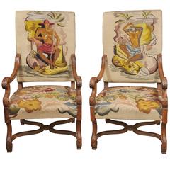 Pair of French Antique Oak Armchairs Nude Handwoven Upholstery Tropical Nouveau