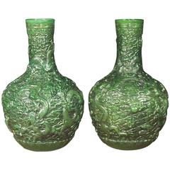 Pair of Chinese Green Cinnabar Lacquer Dragon Vases Urns Bulbous Urn