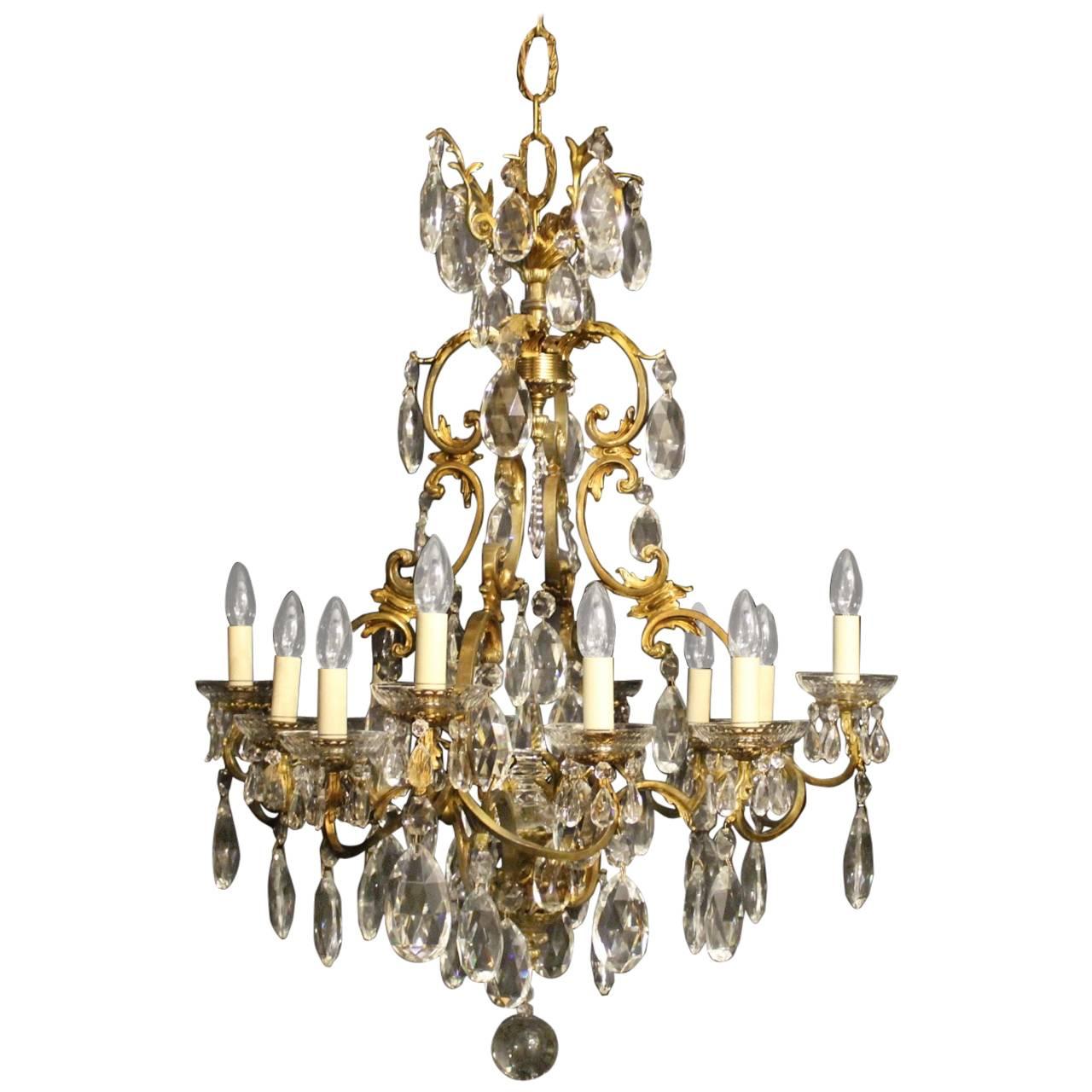 French Bronze and Crystal Twelve-Light Chandelier