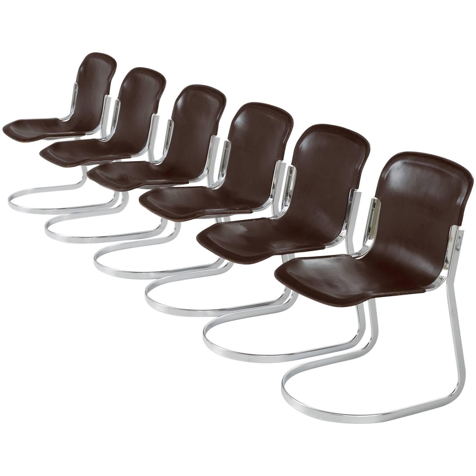 Set of Six Modern Dining Chairs in Dark Brown Leather for Cidue
