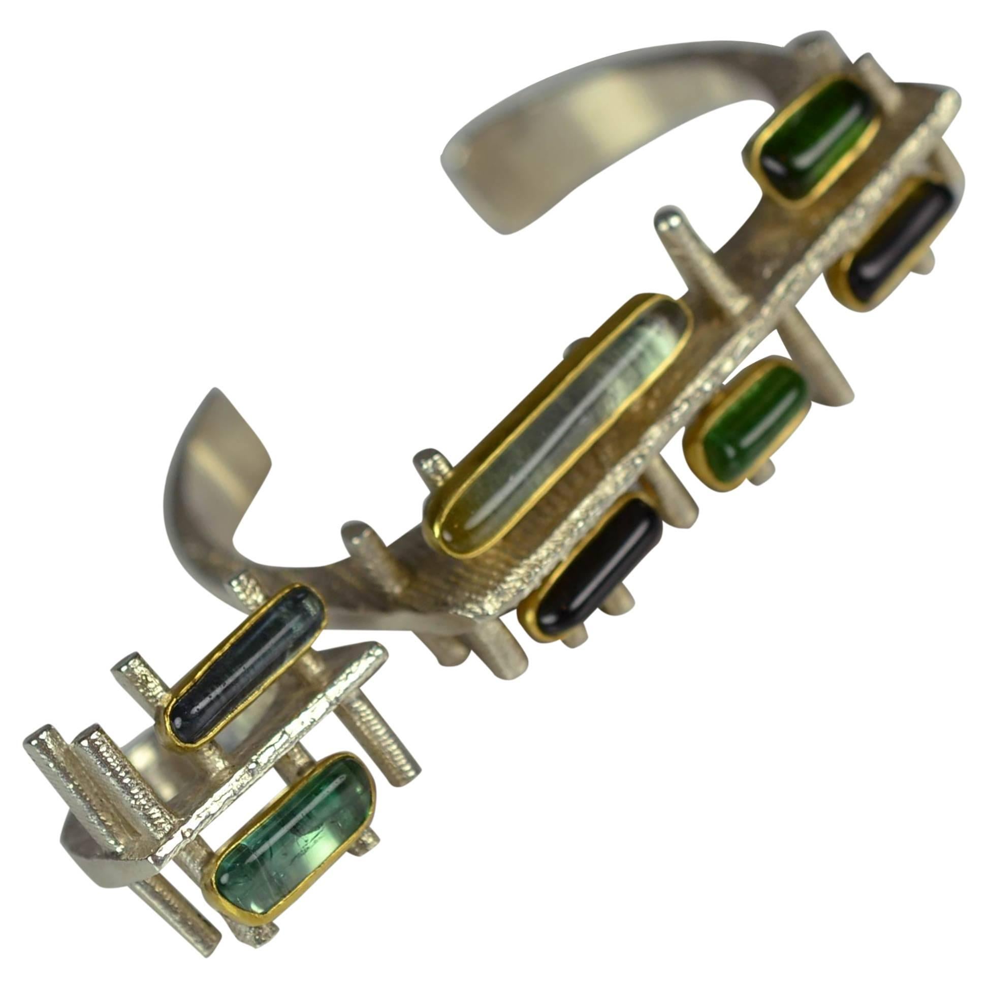 Thor Selzer Ring Bracelet Set in Gold and Silver with Tourmaline circa 1960-1970 For Sale