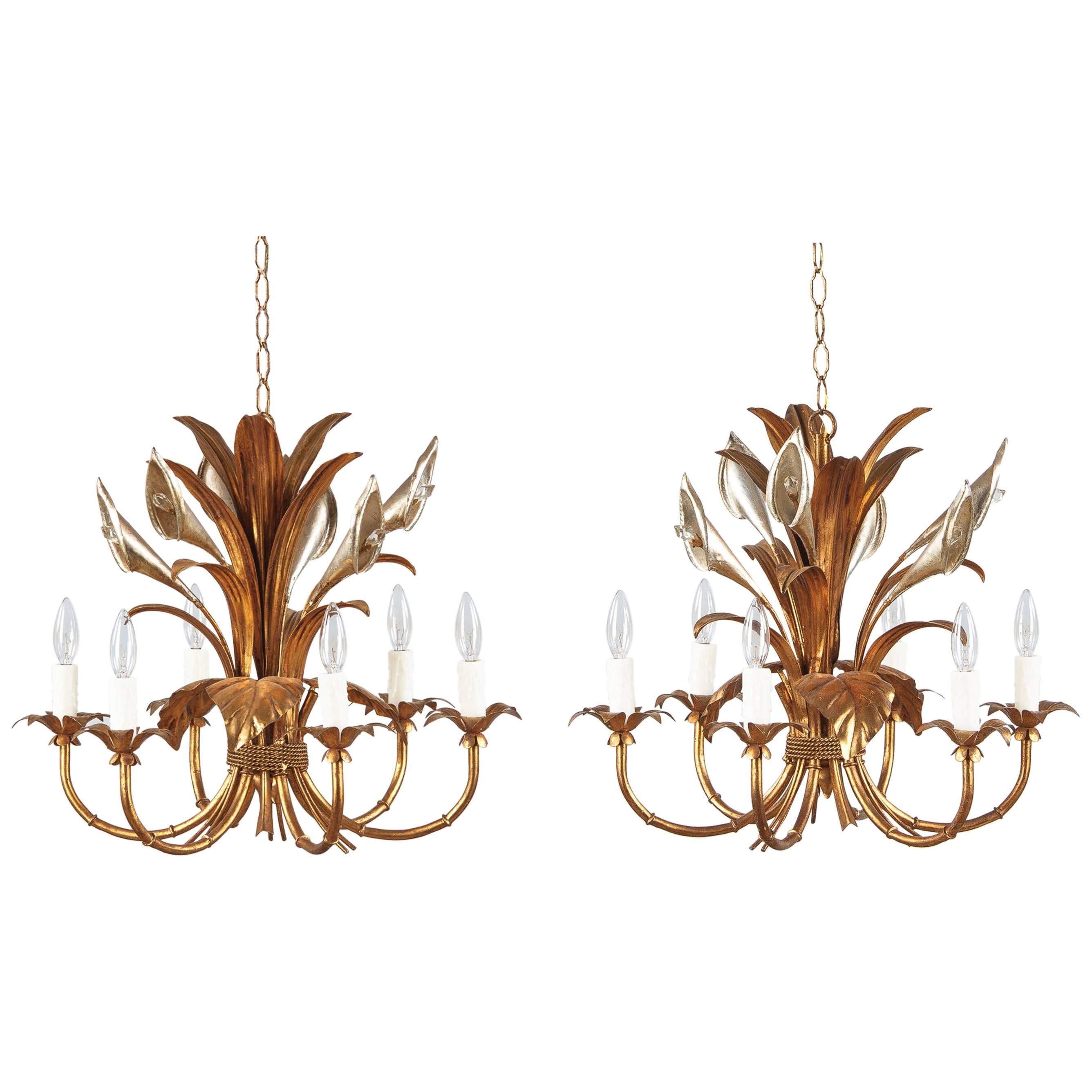 Pair of French Gilded Metal Chandeliers, 1950s