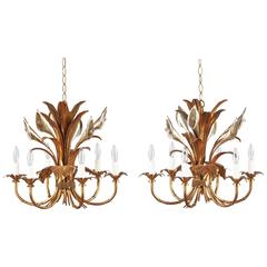 Pair of French Gilded Metal Chandeliers, 1950s 12