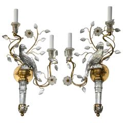 Pair of Glass and Gilt Metal Bird Sconces