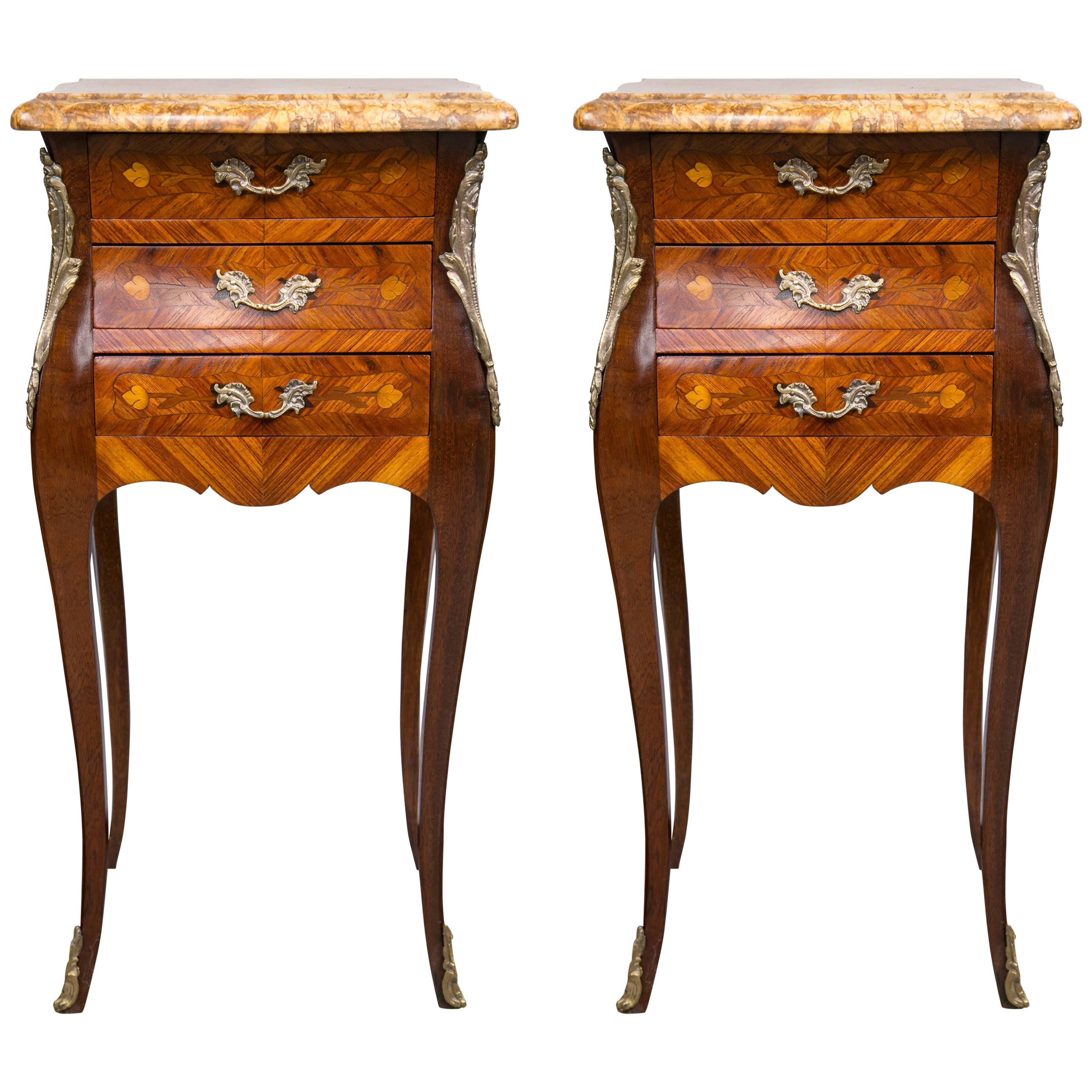 Pair of Marble-Topped Three-Drawer Bedside Tables For Sale