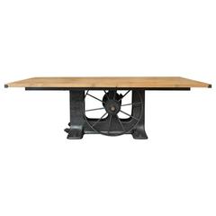 Industrial Factory Cast Iron and Oak Big Wheel Dining Table