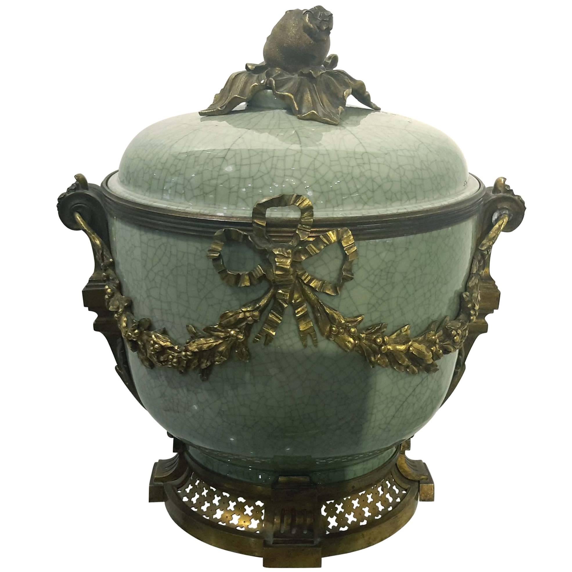 Gilt Bronze-Mounted Celadon Porcelain Covered Bowl, French, circa 1890