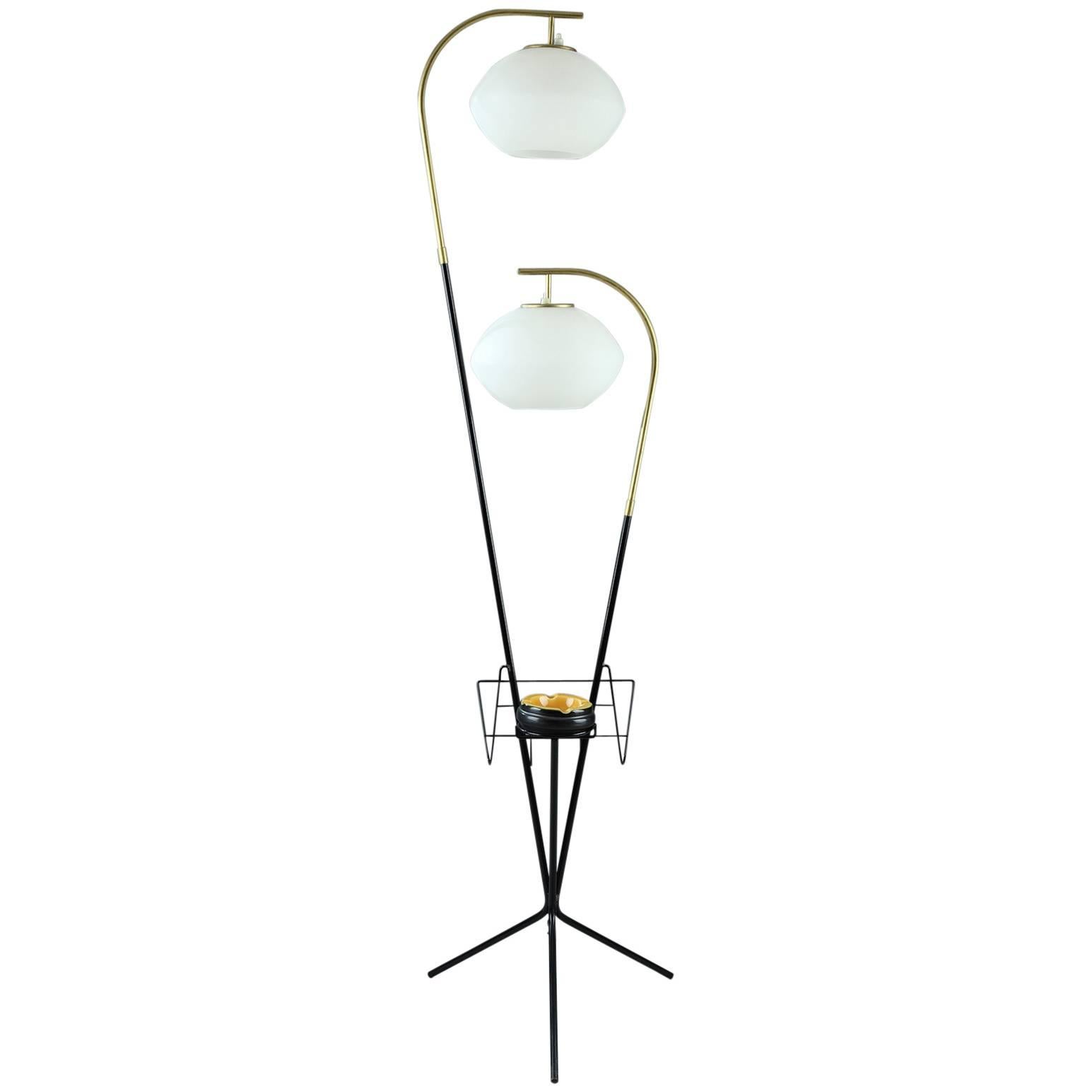 Double Floor-Lamp with Two Opaline Glasses Lampshades, 1950s