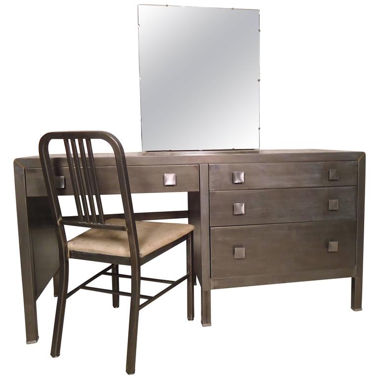 Double Pedestal MidCentury Modern Metal Vanity with Mirror by Simmons