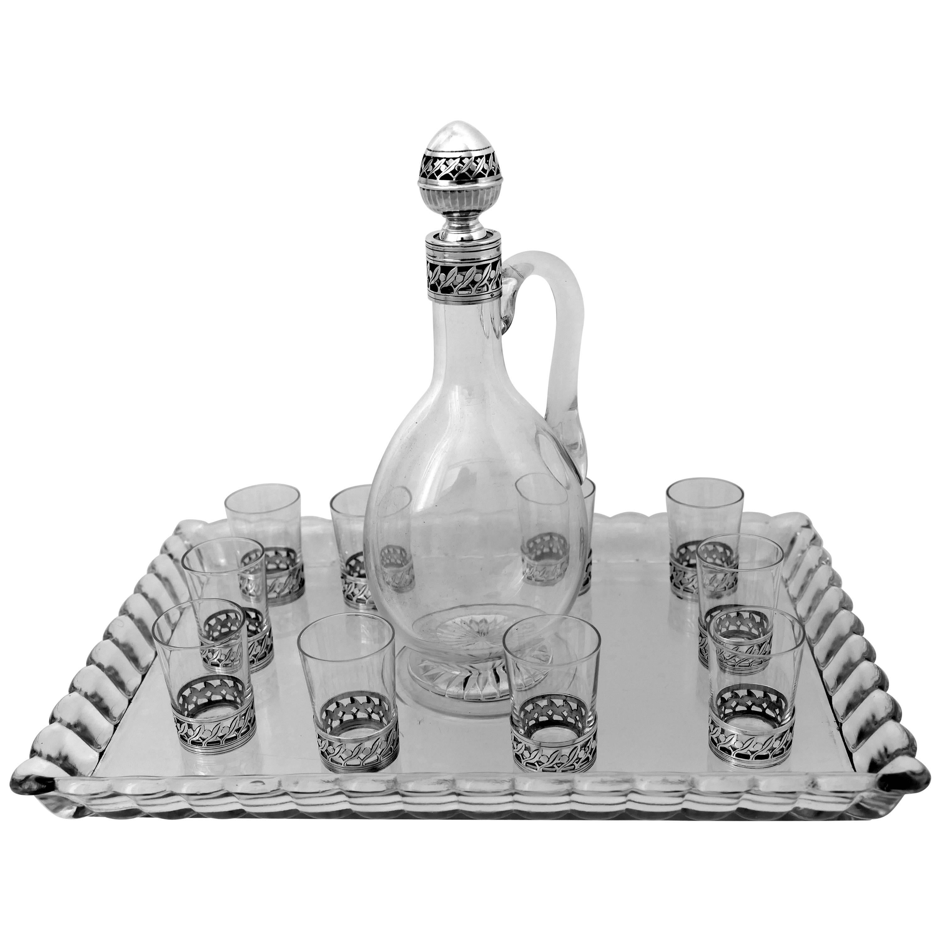 Christofle Rare French Sterling Silver Baccarat Crystal Liquor Service with tray