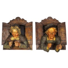 Antique Charming Pair of Austrian 19th Century Polychromed Majolica Wall Sculptures
