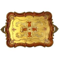 Vintage Italian Gold Gilt Painted Florentine Handled Tray