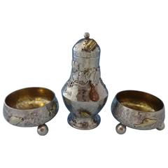 Antique Mixed Metals by Tiffany Sterling Silver Salt and Pepper, 3-Piece Hollowware Set