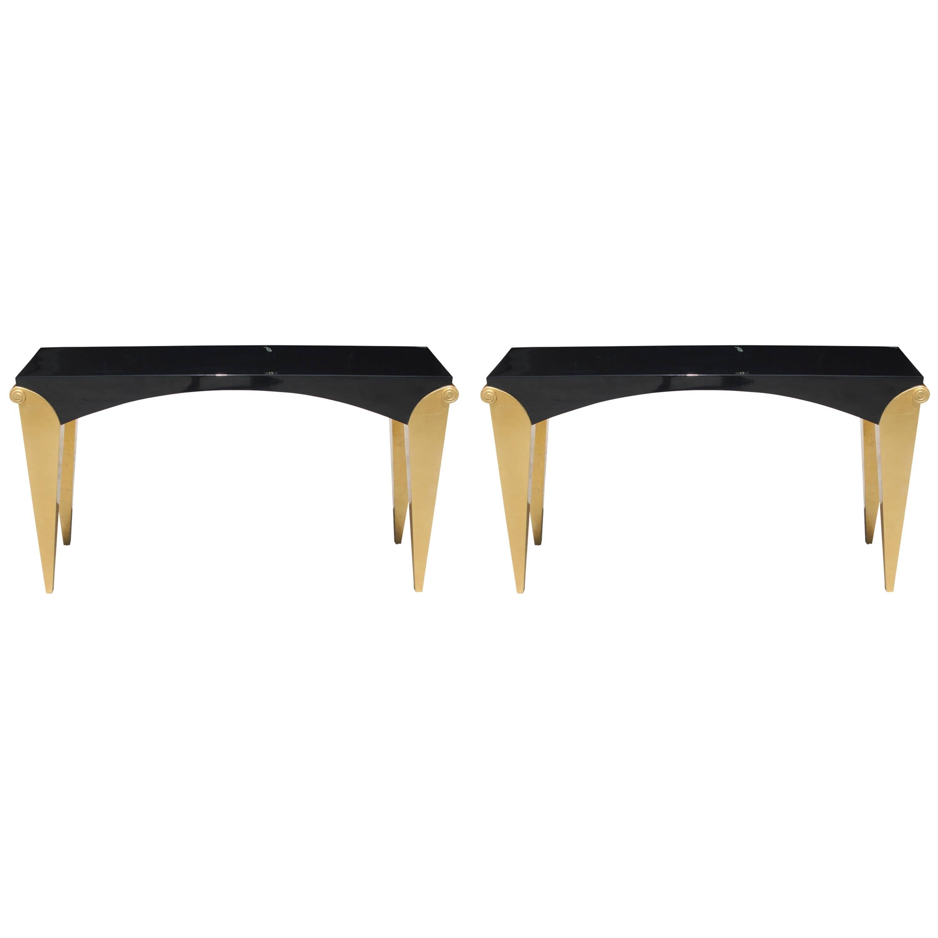 Pair of French Art Deco Giltwood/ Black Lacquered Console Tables, circa 1940s