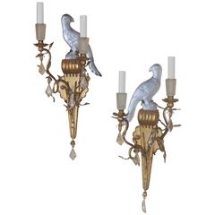 Wonderful Gilt Maison Baguès Glass Rock Crystal Parrot Bird Sconces Tole Jansen