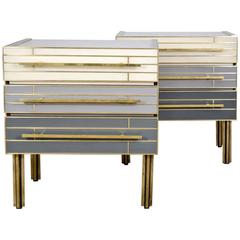Pair of Nightstands in Teinted Glass with Three Drawers