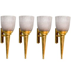 Four Brass and Grey Murano Glass Torche Wall Sconces