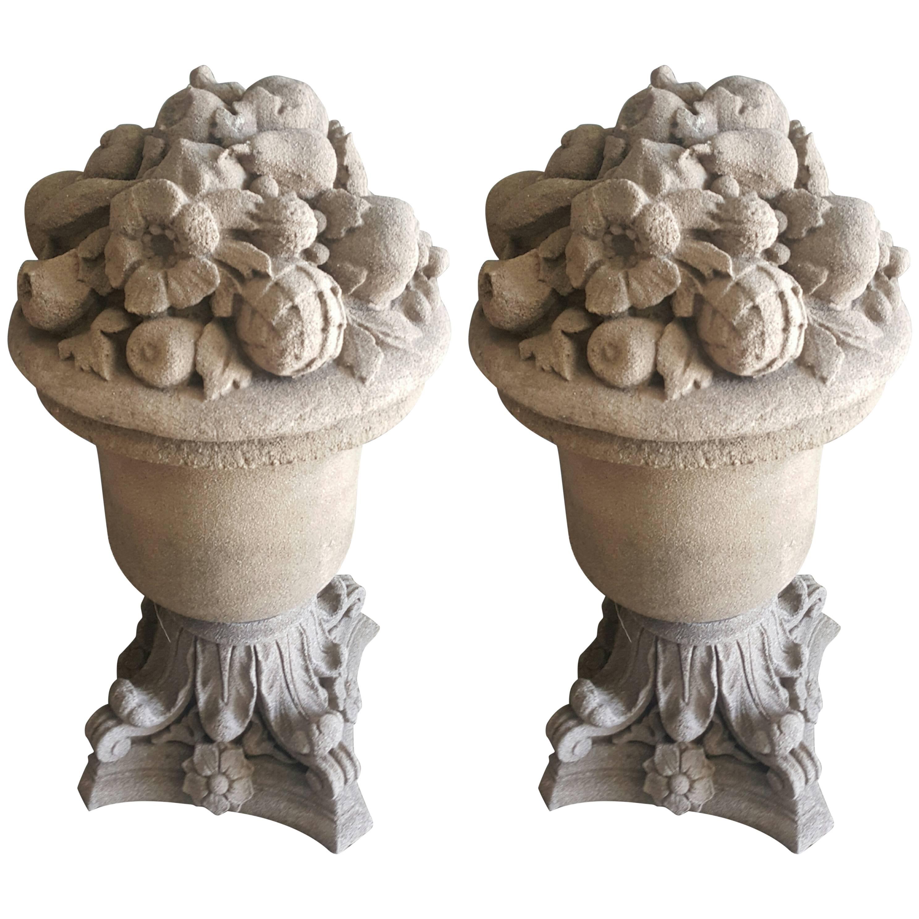 Pair of 18th Century French Cast Stone Fruit and Flower Urns For Sale