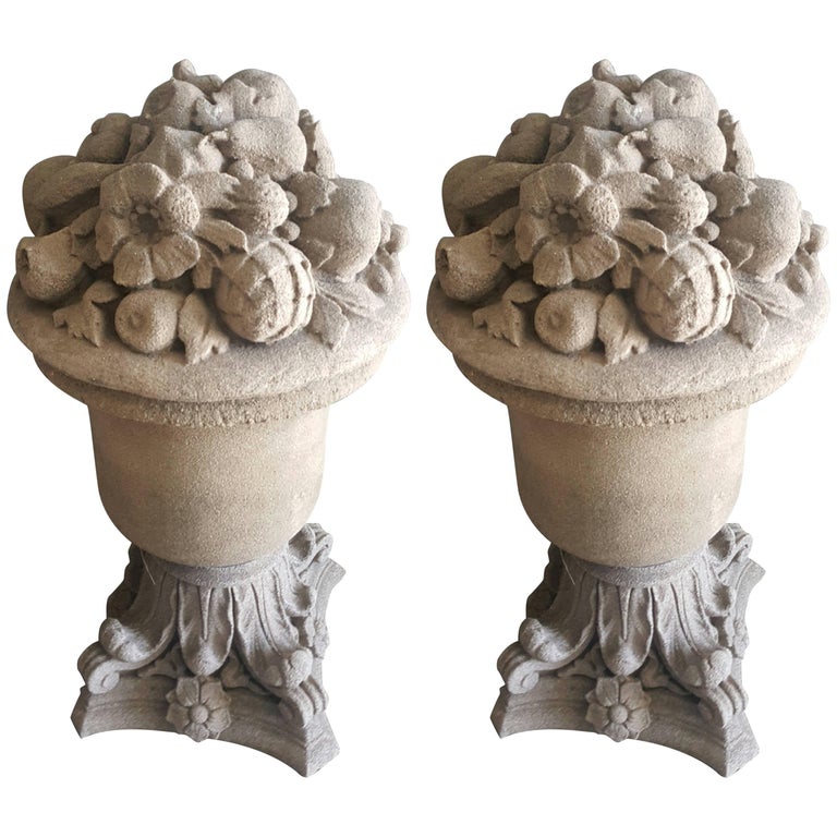 Pair of 18th Century French Cast Stone Fruit and Flower Urns For Sale ...